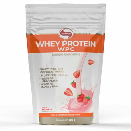 Whey Protein Concentrado Refil 900g Morango Vitafor